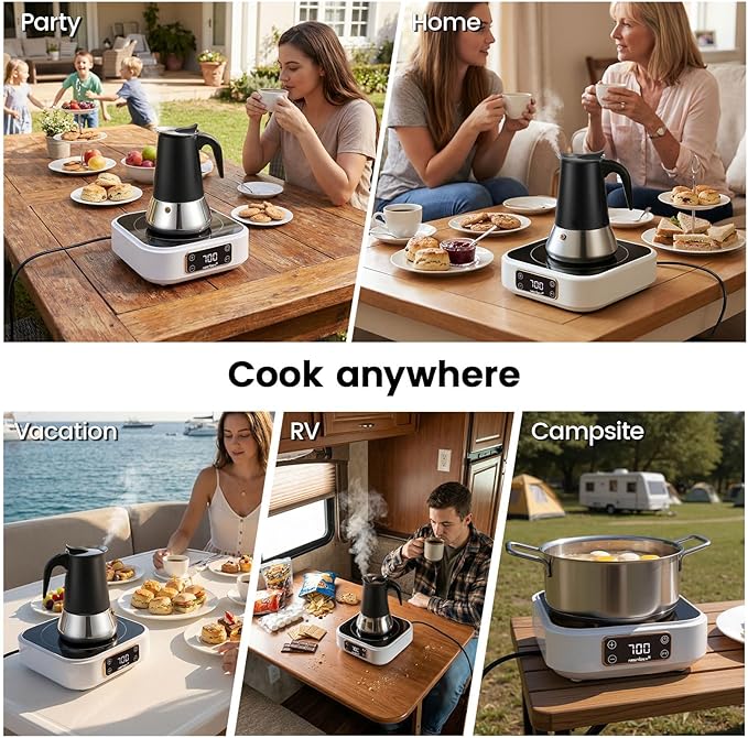 Moka Pot Coffee Maker 4 Cup with Mini Induction Cooktop - Stainless Steel Stovetop Espresso Maker Set 700W 120V Portable Burner for RV Travel Kitchen