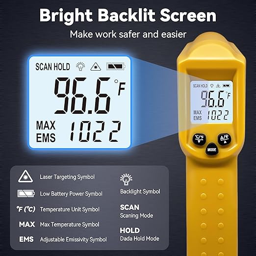 Infrared Thermometer Temperature Gun - 58 ℉~1022 ℉ (- 50 ℃~550 ℃) Non-Contact Digital Laser Infrared Ir Thermometer for Cooking, Barbecue, Food, Repair, Pet Care and Home Use(Yellow)