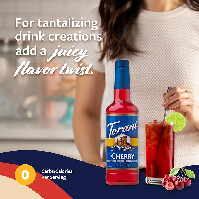 Torani Sugar Free Syrup, Cherry Flavored Syrup for Drinks, Zero Calorie, Glass Bottle with Pump Included, 25.4 Fl Oz