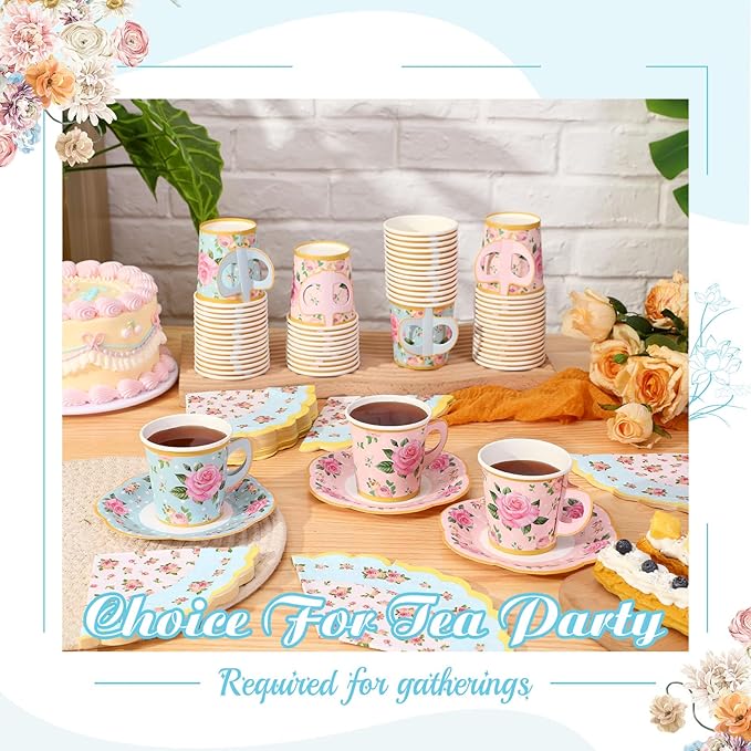 Umigy 60 Sets Tea Party Decorations 6.5 oz Floral Paper Tea Cups with Plates Paper Napkins Disposable Blossom Teacups and Saucers Sets for Girls Kid Birthday Garden Wedding Party Supplies(Elegant)