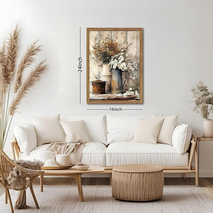 YHCTHT Framed Farmhouse Rustic Daisy Canvas Wall Art – Vintage Country Floral Wall Decor, White Jasmine and Rust Watering Can Prints for Living Room Bedroom Bathroom Decoration – 16x24in