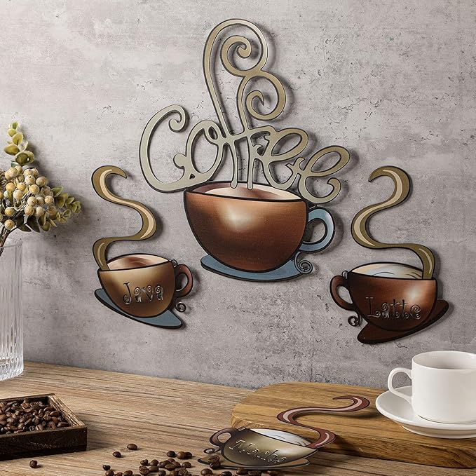 4 Pieces Metal Coffee Cup Wall Decor Coffee Bar Decor Cafe Themed Wall Art Decoration Vintage Cup Signs for Kitchen Decorations Shop Restaurant Lounge Decorations(Brown)