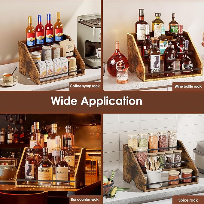 Nuovoware LED Lighted Liquor Bottle Display Shelf, 3 Step Wood Countertop Liquor Rack with Fences & Portable Handles, 12-Bottle Whiskey Rack Liquor Display Retro Wine Rack for Home Bar Party, Brown - Image 6