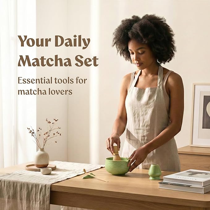Matcha Kit Whisk Set (7 Pcs) - Complete Matcha Set, Matcha Bowl with Spout, Whisk with Holder, Bamboo Scoop with Rest and Sifter, Perfect Kit for Matcha Lovers (Green Mist)