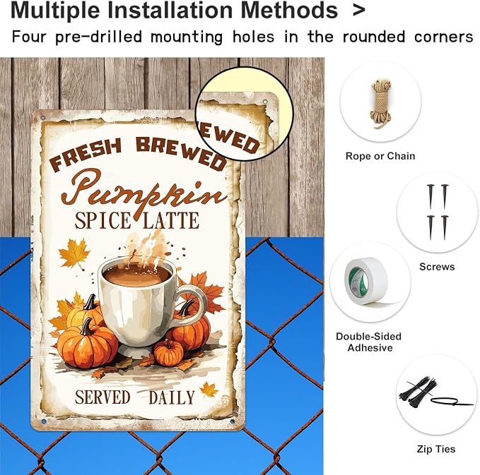 Fall Metal Sign Wall Plaque Fresh Brewed Pumpkin Spice Latte Served Daily Fall Wall Decoration for Farmhouse Home Kitchen Coffee Shop Cafe Pub Coffee Station Wall Decor 8x12 inch - Image 3