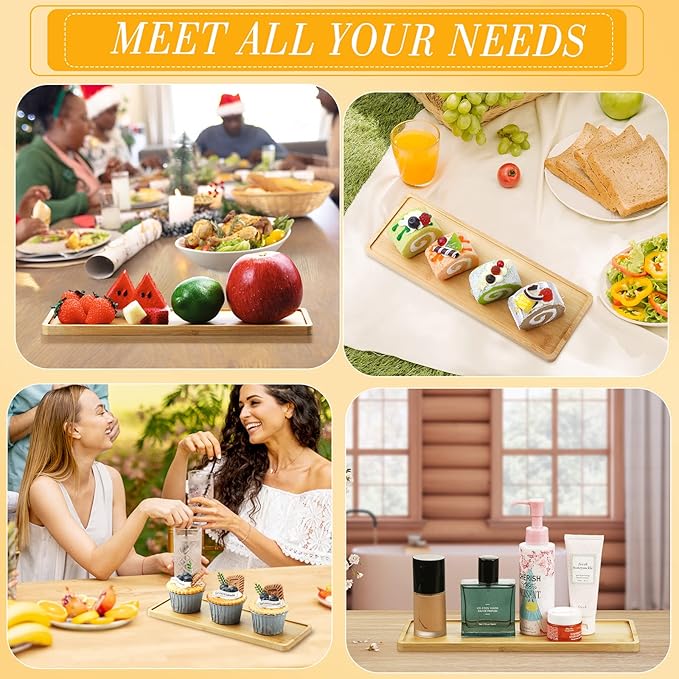 Bokon 10 Pcs Rectangle Wood Bamboo Tray Bamboo Serving Tray Wooden Serving Platter for Bathroom Counter Platter for Food Dinner Kitchen(Rounded Edges)