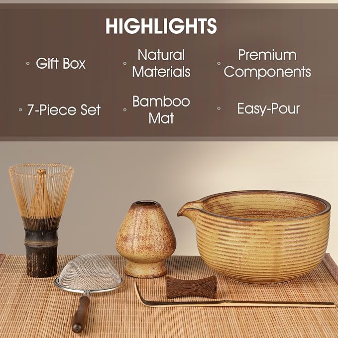 Matcha Whisk Set, 7-Piece Matcha Kit with Ceramic Matcha Bowl, Bamboo Whisk, Scoop & Sifter - Complete Matcha Tea Set Perfect for Beginners & Matcha Lovers (Mottled Yellow)