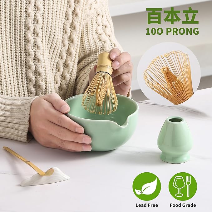 Matcha Whisk Set 5 Pcs, Matcha Kit Set Includes Matcha Bowl, Matcha Whisk and Holder, Bamboo Scoop and Sifter, Ceramic Matcha Set, Matcha Tea Set, Ideal Gift for Family/Friend (Cyan)