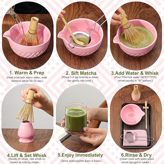 Doasuwish Matcha Whisk Set, 7 Pcs Ceramic Kit, Includes Matcha Bowl with Spout, Matcha Whisk and Holder, Bamboo Scoop, Scoop Rest, Sifter and Tea Towel (Cherry Blossom Pink)