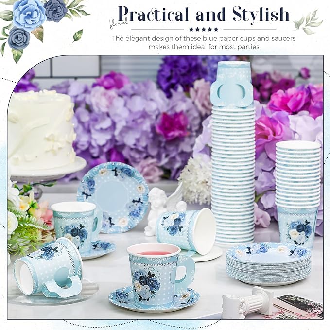 200 Pcs Floral Paper Tea Cups and Saucers 7 oz Disposable Tea Party Decorations Vintage Cute Paper Tea Cups and Plates with Handles for Girls Wedding Baby Bridal Shower Birthday, Serve 100(Blue)