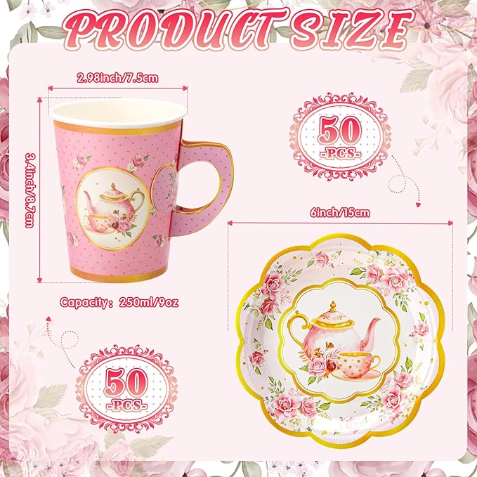 Tioncy 100 Pcs Tea Party Decorations Include 50 Pieces 9 oz Paper Tea Cups with Handle and 50 Plates Disposable Teacups and Saucers Sets for Birthday(Teapot)