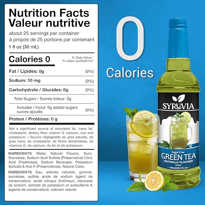 Syruvia Sugar-Free Green Tea Syrup, Natural Flavors, Syrup for Drinks, Lattes, and Desserts – 25.4 fl oz