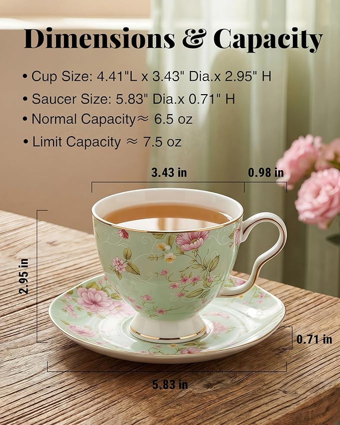 Exquisite Bone China Tea Cups and Saucer Set – Elegant Porcelain Tea Cups, Beautifully Detailed for Tea Lovers, Gift-Ready for Christmas, Hostess, Holiday Gift & Fall Decor