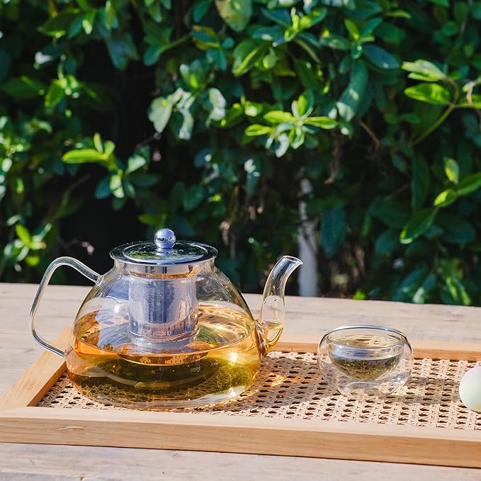 1200ml/40 oz Glass Teapot with 4 Double Wall Teacups and Removable Stainless Steel Infuser, Tea Sets for Adults, Clear Tea Kettle Stovetop Safe for Loose Leaf and Blooming Tea,Gifts for Christmas