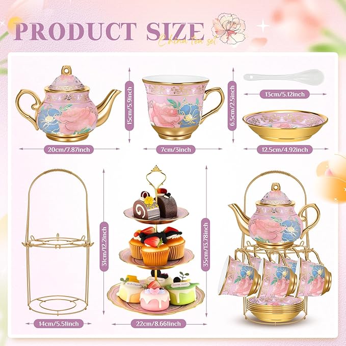 21 Pcs Ceramic Teapot Set Vintage Porcelain Tea Cups with Metal Holder and High Tier Cupcake Stand Saucers for Women Girls Farmhouse European Weddings Party Decor Gifts(Purple,Delicate)