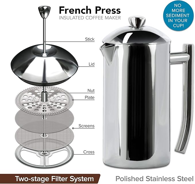 Frieling French Press Coffee Maker - 23 oz, Polished Double-Wall Stainless Steel - Insulated French Press for Camping - All Stainless Steel Coffee Maker