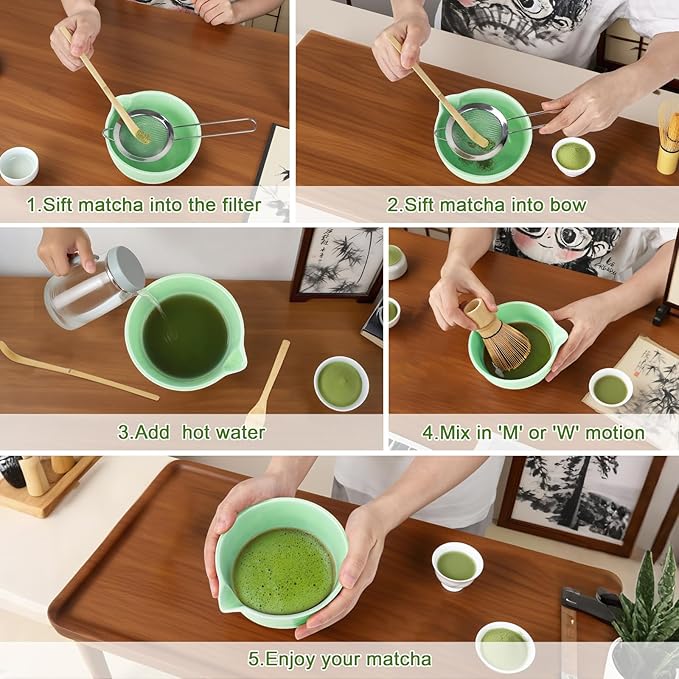 PHILORN Matcha Whisk Set, 9Pcs Ceramic Macha Kit, Matcha Set Whisk and Bowl with Spout, Whisks, Holder, Bamboo Scoop, Scoop Rest, Sifter and Tea Towel for Macha Lover (Cyan)