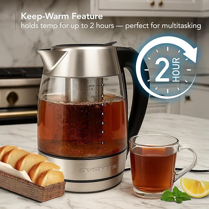OVENTE Electric Tea Kettle with Temperature Control, Removable Tea Infuser, Easy to Fill Lid, Keep Warm Function, Auto Shut-Off, 1.7L Double Wall Borosilicate Glass, Stainless Steel Base, Silver KD68S