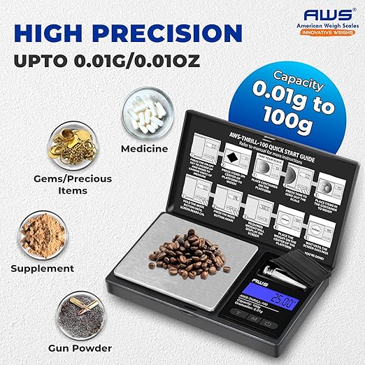 AWS-Thrill Digital Pocket Scale 100g x 0.01g – Portable Mini Gram Scale with Calibration Weight, Tweezers/Spoon, Tube & Silicone Bowl for Jewellery, Powder, Coins (100g x 0.01g)