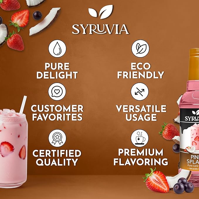 Syruvia Pink Splash Flavored Syrup for Drinks, Cocktails, Lemonades, Iced Teas and Desserts – 25.4 fl oz, With Pump