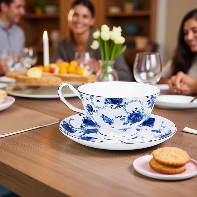 Tea cup and Saucer Set Royal Garden Style Tea Coffee Cup with Saucer 7 Ounces Bone China Teacup and saucer Set (Blue flower)