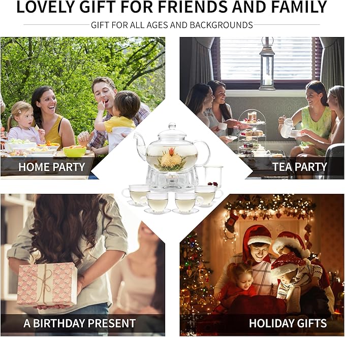 Glass Teapot Set, 34OZ/1000ML Glass Tea Kettle with Loose Tea Infuser & Warmer, 5oz/150ML Tea Cup & Saucer Set of 4, Stovetop & Microwave Safe Tea Maker, Blooming Tea Gift Set For Women