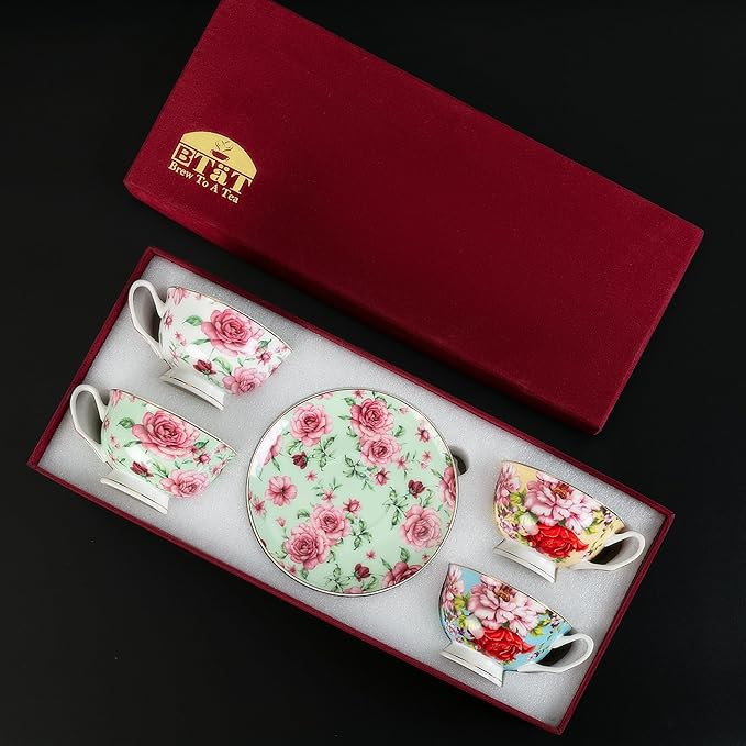BTaT- Floral Tea Cups and Saucers with Gift Box, 8 oz, Tea Cups Set of 4