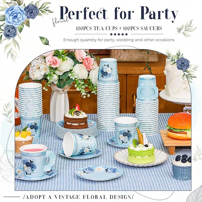 200 Pcs Floral Paper Tea Cups and Saucers 7 oz Disposable Tea Party Decorations Vintage Cute Paper Tea Cups and Plates with Handles for Girls Wedding Baby Bridal Shower Birthday, Serve 100(Blue)