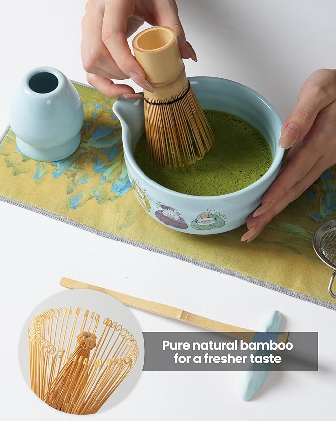Matcha Whisk Set, 18OZ 7 Pcs Japanese Matcha Kit Includes Matcha Bowl with Spout, Bamboo Whisk, Chasen Holder, Stainless Sifter, Scoop and Rest, Tea Towel, Matcha Tea Set Home Kitchen Christmas