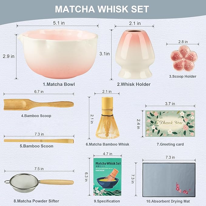 8Pcs Matcha Whisk Set with Floral Ceramic Matcha Bowl, Wooden-Handled Sifter, Bamboo Whisk, Whisk Holder, Bamboo Scoop, Scoop Rest, Spoon, Tea Towel, Greeting card, Gift for Beginners