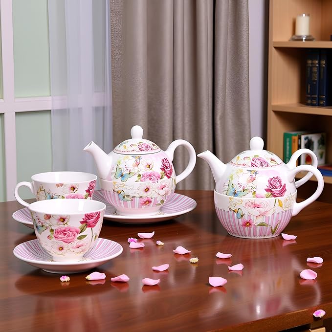 Lightahead Bone China Tea for One Set in Rose Design, in attractive Reusable Handmade Gift Box (With Ribbon)