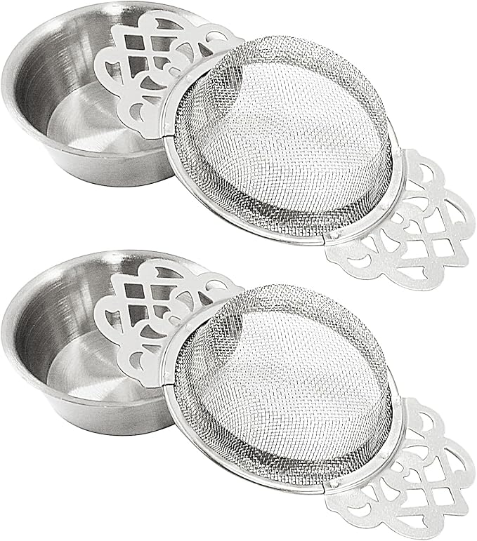 2 Pack Tea Strainers with Drip Bowls, Stainless Steel Tea Strainer Bowl Loose Leaf Tea Filter for 2.5-4 Inch Cup Mouth (Sliver)