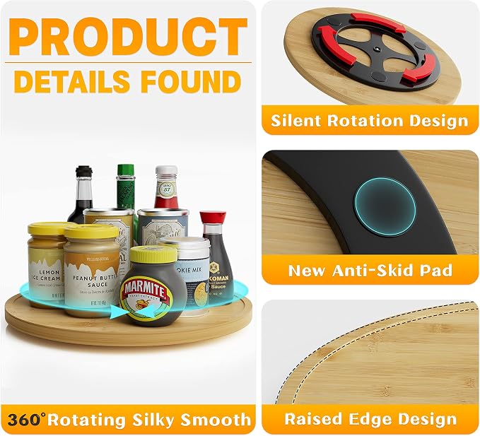 Lazy Susan Organizer Homerays 12 Inch Non-Skid Bamboo Lazy Susan for Kitchen Rotating Spice Rack for Kitchen Cabinet, Wood Turntable for Kitchen Countertop Organizer - Image 5