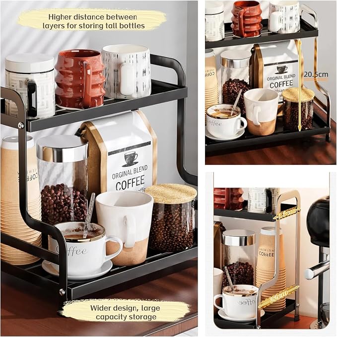 Bokelai 2 Tier Coffee Bar Organizer and Accessories Storage Countertop Shelf for Kitchen Coffee Station Organizer Mug Holder Coffee Condiment Storage Rack Black - Image 5