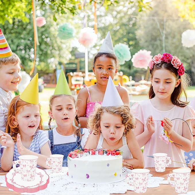 48 Pcs Pink Paper Tea Cups and Plates Pink Bow Party Supplies Bowknot Disposable Paper Teacups and Saucer Set Coquette Birthday Decor for Mother's Day Wedding Baby Shower Party, Serve 24