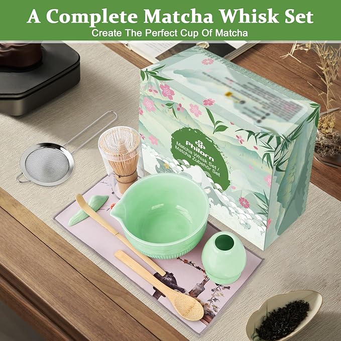 PHILORN Matcha Whisk Set, 9Pcs Ceramic Macha Kit, Matcha Set Whisk and Bowl with Spout, Whisks, Holder, Bamboo Scoop, Scoop Rest, Sifter and Tea Towel for Macha Lover (Cyan)