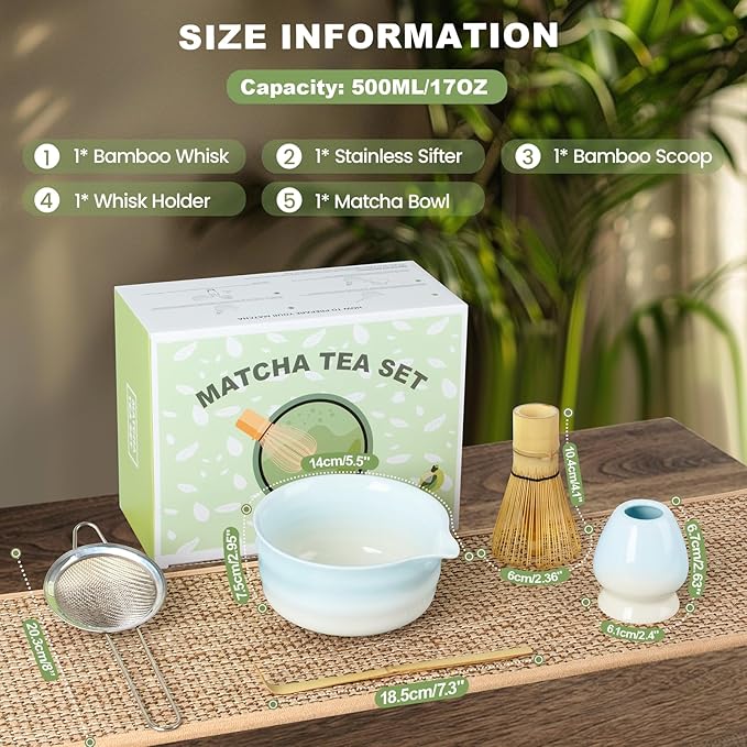 Dayacoco Matcha Whisk Set,Ceramic Matcha Kit Set Includes Bowl with Spout, Whisk,Holder,Bamboo Scoop and Sifter,5 pcs Matcha Tea Kit for Matcha Lovers, Ideal Gift Christmas, Birthday (Blue gradient)