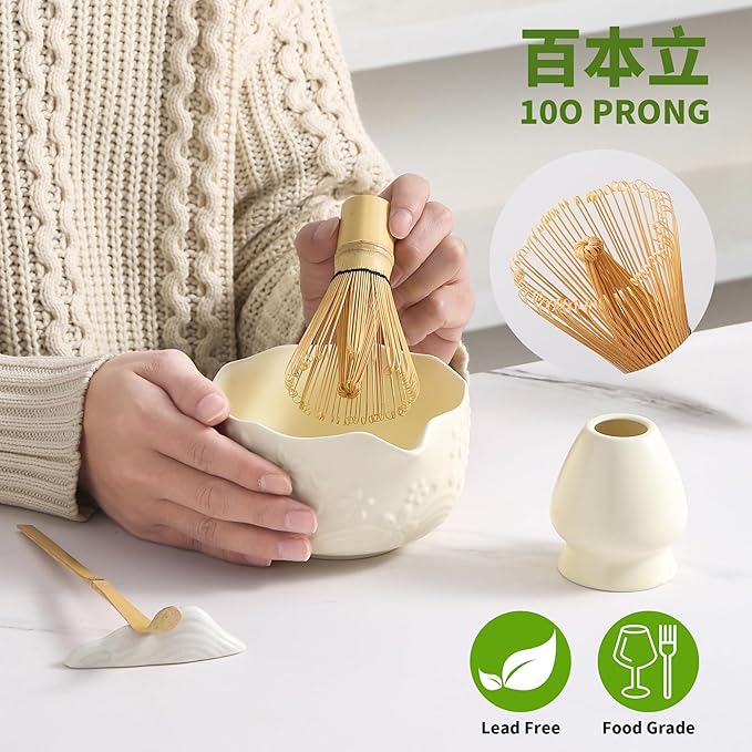 Matcha Whisk Set, 5 Pcs Ceramic Matcha Set, Matcha Kit Set Includes Matcha Bowl, Matcha Whisk and Holder, Bamboo Scoop and Sifter, Matcha Tea Set, Ideal Gift for Family/Friend (Beige)