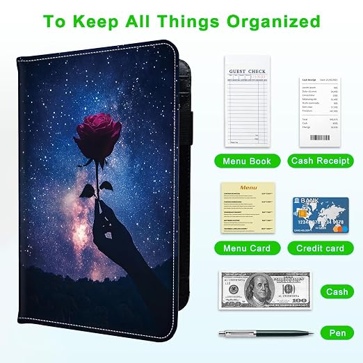 Server Books for Waitress, with 7 Large Pockets, Waiter Serving Book, Waitstaff Server Order Pads, Cute PU Leather Server Book with Pen Holder Fit Server Apron,Rose in Starry Sky - Image 5