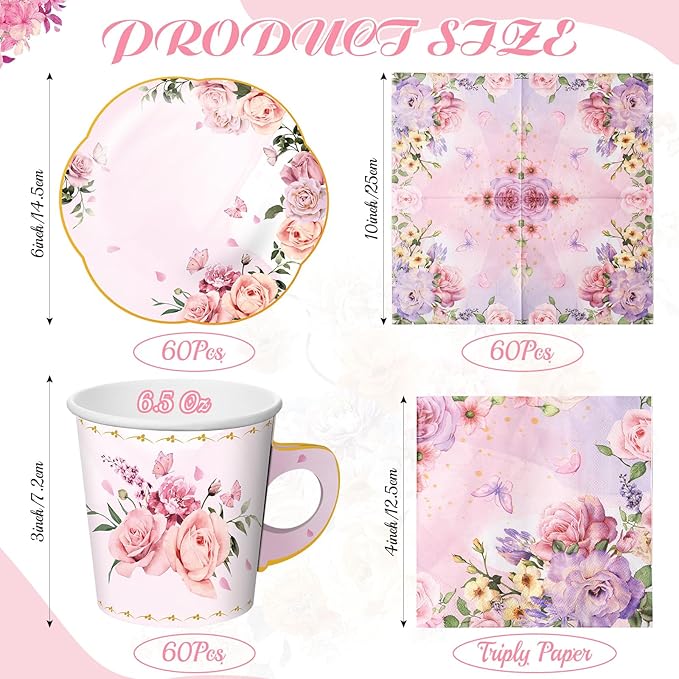 Umigy 60 Sets Tea Party Decorations 6.5 oz Floral Paper Tea Cups with Plates Paper Napkins Disposable Blossom Teacups and Saucers Sets for Girls Kid Birthday Garden Wedding Party Supplies(Graceful)