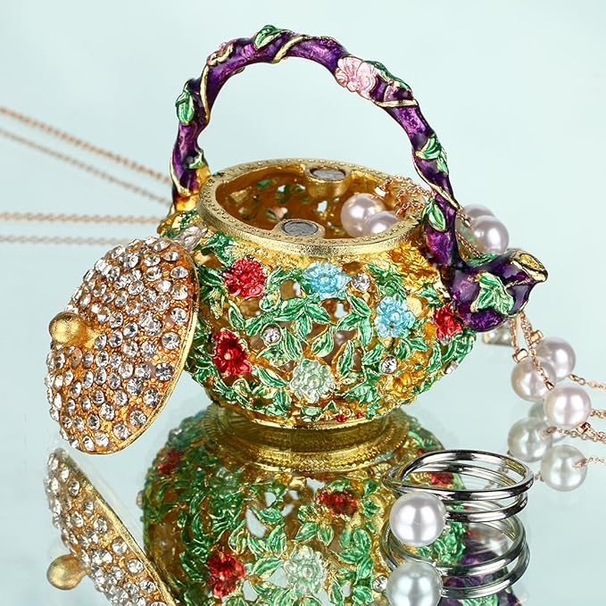 YU FENG 4.7inch Mini Teapot Trinket Box Hinged For Girls Ring Holder Handmade Ring Holder Dish Decorated (teapot) Christmas Gift