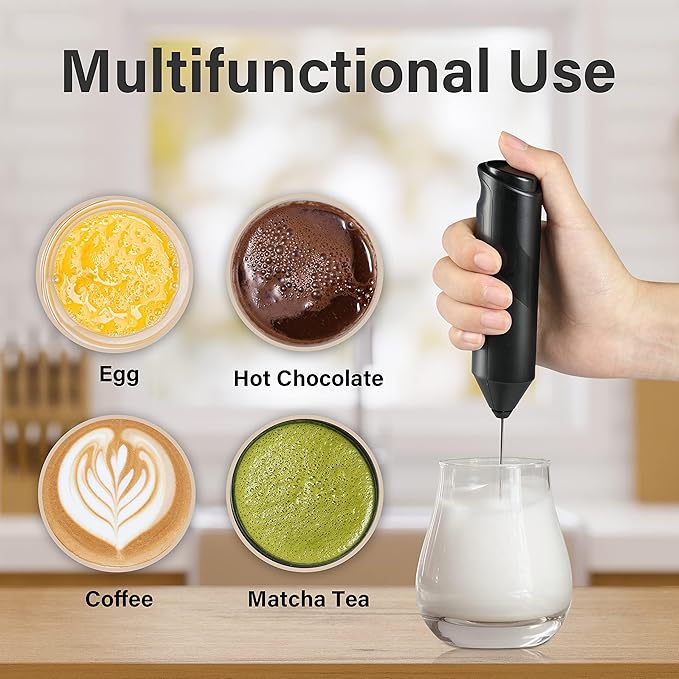 Simple Deluxe Milk Frother Handheld, Foam Maker with Stainless Steel Stand, Battery-Operated Whisk Gift for Coffee, Latte, Hot Chocolate, Black