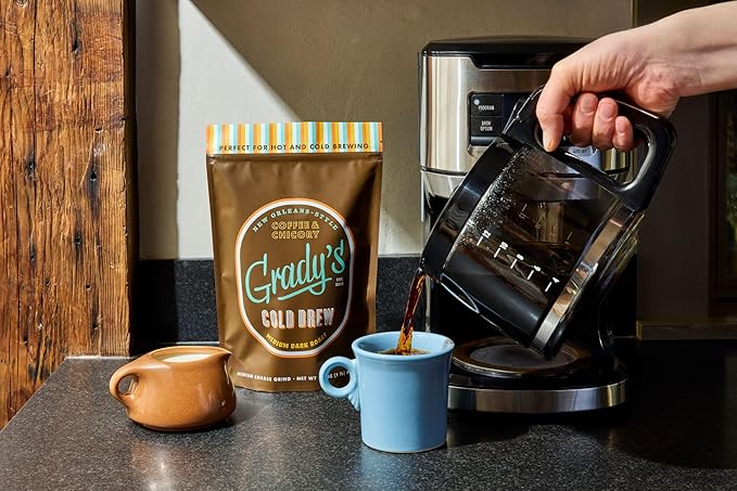 GRADY'S COLD BREW, New Orleans Style, 100% Arabica Medium Dark Roast Coffee & Chicory, Ground for Hot Coffee and Cold Brew, One pound bag