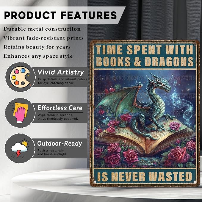 Dragons Vintage Tin Sign Time Spent With Books And Dragons Is Never Wasted Tin Sign for Garage Home Bedroom Bar Wall Decor 12 * 16inch - Image 2