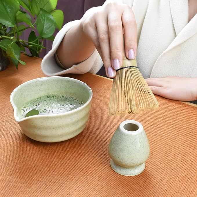 Artcome 4-Piece Matcha Tea Set - Complete Japanese Ceremony Kit with Bowl, Whisk, Whisk Holder, Scoop & Guide, Mottled Light Green