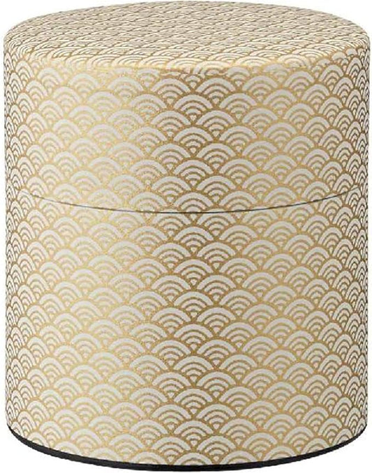 Washi Paper Tea Tin Canister: Wide 5.3oz (150g) White Waves with Gold Outlines (#1), Japan