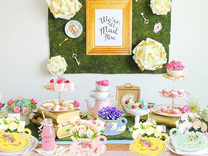 LaVenty 24PCS Vintage Floral Tea Party Tea Cups and Saucer Sets Tea Party Centerpiece