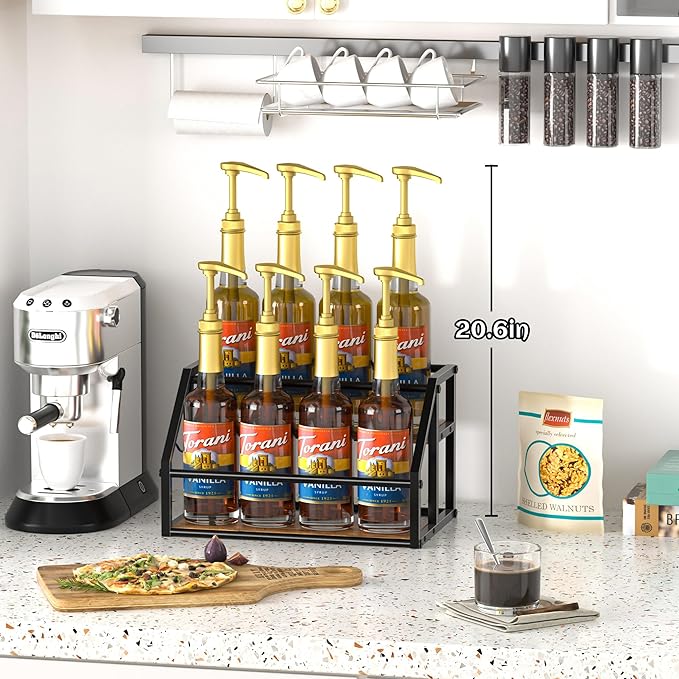Coffee Syrup Rack Organizer, Syrup Bottle Holder Stand for Coffee Bar, 2-Tier 8 Bottles Storage Shelves for Syrup, Wine, Dressing for Kitchen Countertop, Rustic Brown & Black