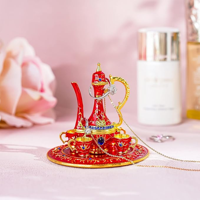 YU FENG Moroccan Teapot Set Jewelry Trinket Box Hinged Hand Painted Enamel Treasured Trinkets Collectable Jewellery Box Ring Holder For Home Decor Christmas Gift,3inch