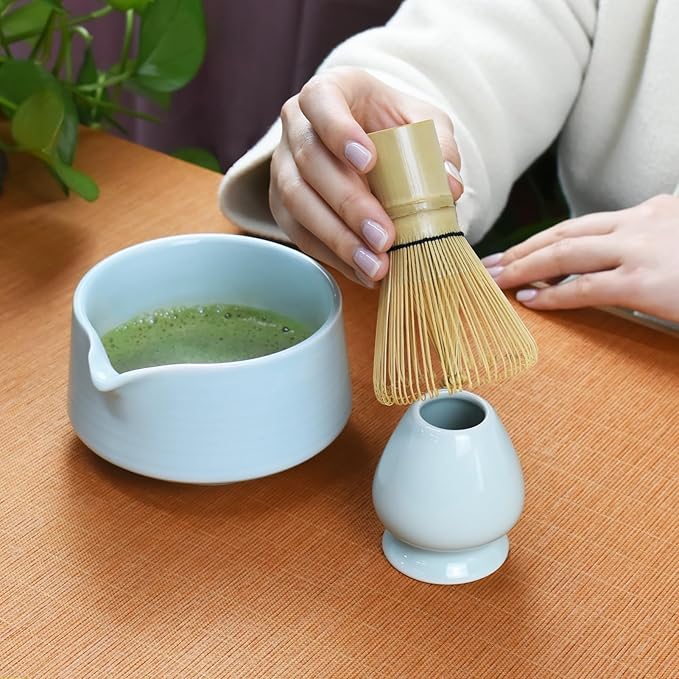 Artcome Matcha Tool Set - Complete Kit with Matcha Bowl with Spout, Bamboo Whisk, Tea Scoop, Whisk Holder, Scoop Holder, Tea Cloth & Powder Strainer, Celadon Blue
